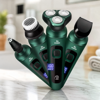 Электробритва 4 в 1 Shaver 9D зеленая &bull; Мужская аккумуляторная роторная бритва с триммером, насадкой для носа, щеткой для лица и LCD-дисплеем