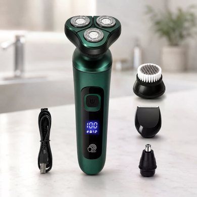 Электробритва 4 в 1 Shaver 9D зеленая &bull; Мужская аккумуляторная роторная бритва с триммером, насадкой для носа, щеткой для лица и LCD-дисплеем