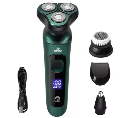Электробритва 4 в 1 Shaver 9D зеленая &bull; Мужская аккумуляторная роторная бритва с триммером, насадкой для носа, щеткой для лица и LCD-дисплеем