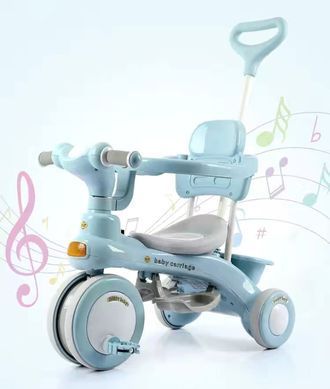 Детский трехколесный велосипед Baby Carriage 588 голубой с родительской ручкой &bull; Велосипед-коляска Baby Carriage 588 для малышей с корзиной и козырьком