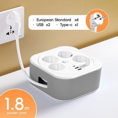 Сетевой удлинитель-фильтр A107/PNS-05 белый 4 м с LED-индикатором, 4 розетками 220V, 2 USB и PD Type-C • Разветвитель питания для дома, офиса и зарядки гаджетов