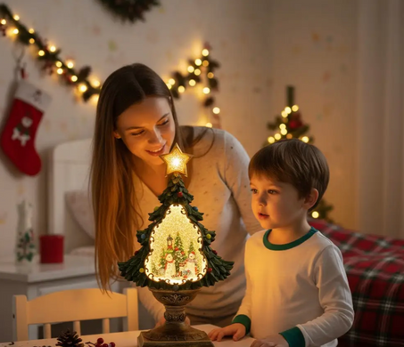 Святковий LED-світильник XHF-8002 з ефектом падаючого снігу та музикою ∙ Новорічний сніжний світильник-декор Ялинка XHF-8002